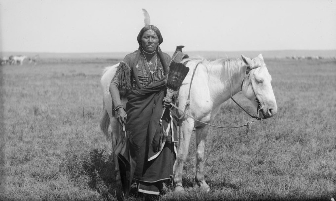 Comanche warrior "Ako" and horse, 1892. (Wikimedia Commons)